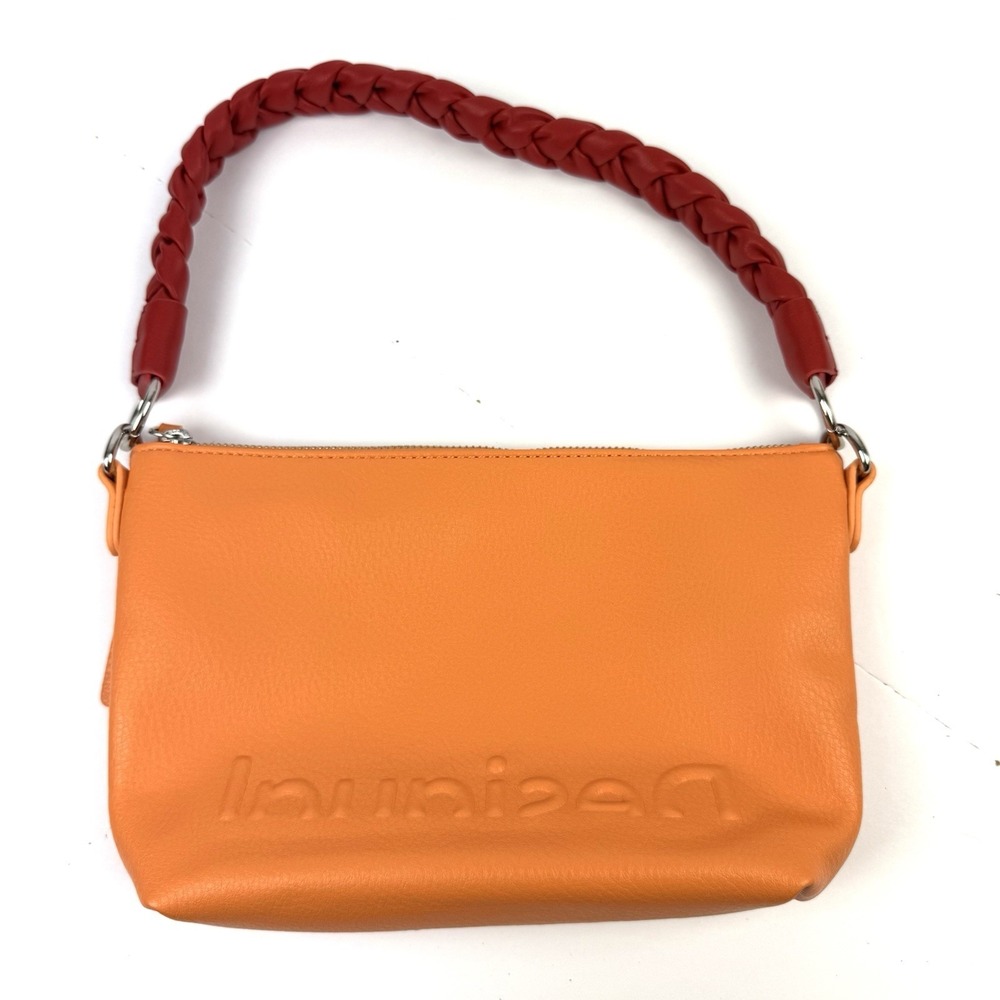 Desigual Orange Baguette Handbag Small Faux Leather Red Braided Strap Brand New